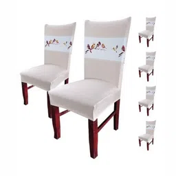 HOUSE OF QUIRK Beige & White 6 Pcs Bird Printed Stretch Removable Washable Chair Covers-15