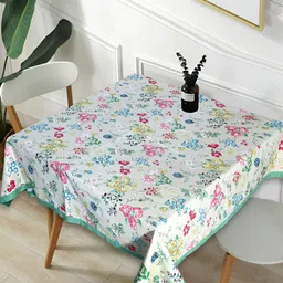 Texstylers Grey & Green Floral Printed Anti-Slip Cotton 4-Seater Square Table Cover-18