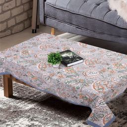 Texstylers Grey & Orange Floral Printed Anti-Slip Cotton 4-Seater Table Cover-33