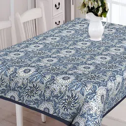 Texstylers Grey & Blue Floral Anti-Slip Cotton 6-Seater Rectangular Table Cover-image-71