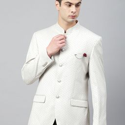 Park Avenue Men Off-White Self-Design Slim Fit Bandhgala Blazer-image-55