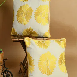SHADES of LIFE White & Gold-Toned Set of 2 Floral Square Pure Cotton Cushion Covers-24