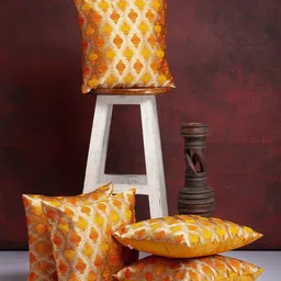 Alina decor Yellow & Gold-Toned 5-Pieces Ethnic Motifs Brocade Square Cushion Covers-image-9