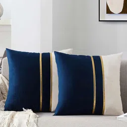 AEROHAVEN Blue & White 2 Pieces Colourblocked Velvet Square Cushion Covers-33