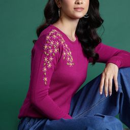 dressberry Women Solid Round Neck Purple Sweater-picture-16