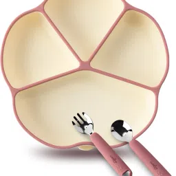 Silicone Suction Plate with Stainless Steel Spoon & Fork Set for Feeding Babies - 100% Food Grade Silicone, Stainless Steel Fork & Spoon Heads-picture-9