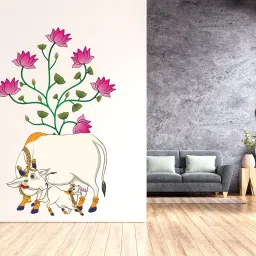 61 cm Pichwai Themed Traditional Cow and Calf with Lotus Flowers Vinyl Wall Sticker Self Adhesive Sticker-image-16