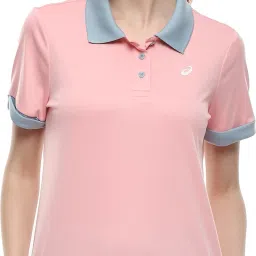 Women Solid Polo Neck Polyester Pink T-Shirt-picture-3