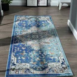 Dark Blue Abstract Polypropylene 59x24 Inches Machine Made Floor Runner By Obsessions-picture-1