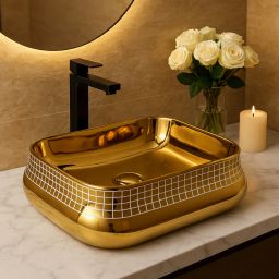Luxury Tabletop Ceramic Wash Basin | Elegant Gold Ceramic Look Living Room Sink | Gold Ceramic Look Bathroom Sink|45 x 33 x 13 CM| Stylish Countertop Washbasin Over Counter Basin-image-31