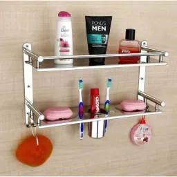 Multipurpose Bathroom & Double Dish&Tumbler&Soap&Tooth Brush Holder Stainless Steel Wall Shelf-image-61