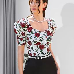 dream beauty fashion Casual Puff Sleeves Printed Women White, Dark Green, Maroon Top-picture-17