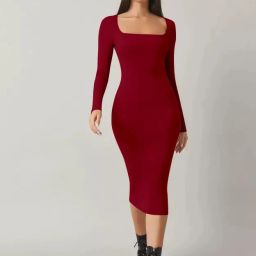 Women Bodycon Maroon Below Knee Dress-image-44