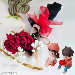 Prajna Gift Bouquet with Resin Couple Miniatures for Home & Gifting Red Rose Artificial Flower-10