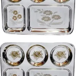 Bhojan thal set of 2 with 5 sections ..Heavy quality of stainless steel . Sectioned Plate-image-59