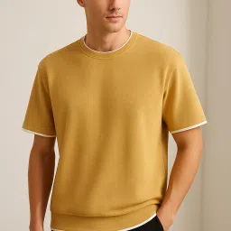 Men Self Design Round Neck Polyester Yellow T-Shirt-image-83