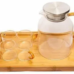 Glass 110 L Kettle Stainless Steel Cap Tea JUG with Tea Mugs with Handle and Wooden Tray | 1 Big Size JUG | Cup 4 PCS Cup | 1 Wooden Tray Glass Tray Set-picture-18