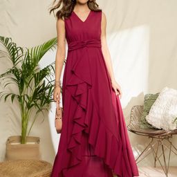 berrylush Women Fit and Flare Red Maxi/Full Length Dress-picture-16