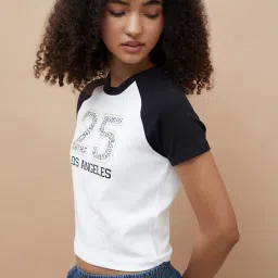 Women Printed Crew Neck Cotton Blend Black, White T-Shirt-image-36