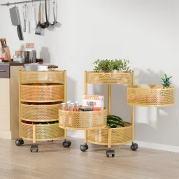 Pack of 2 Kitchen 3+1 Layer Metal Storage Rack with Wheels | Round Shape -Golden Iron Kitchen Trolley-3