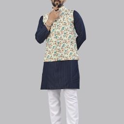 Men Cotton Blend Kurta Pyjama Ethnic Jacket Set-image-2