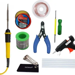Electric 25W Soldering Iron Kit - Set of 9 PT-9|Solder Wire|Cutter|Stand|Paste|2IN1 Screw Driver|Wick|20W Glue Gun|5 Glue Sticks|Yellow+Black 25 W Simple-28