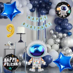 Astronaut Space Theme 9th Birthday Decoration Kit with Balloons, Banner for Kids-image-51