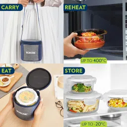 borosil Alora Borosilicate Glass Lunchbox, 2 pc Round Set (400 ml Each), Vertical 2 Containers Lunch Box image 2