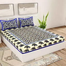 uniqchoice Blue Traditional 120 TC Cotton Queen Sized Bedsheet with 2 Pillow Cover-picture-8