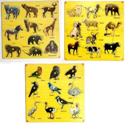 Wooden Super Combo Colorful Birds, Wild And Domestic Animals With Knobs Educational Tray Puzzle for learning play school kids Age 2 And Above Boys & Girls-11