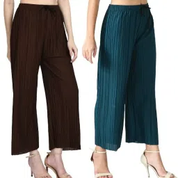 Pack of 2 Women Regular Fit Brown, Light Green Lycra Blend Trousers-image-3
