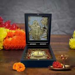 Gold Plated Radha-Krishna Pooja Box with Charan Paduka for Pooja Decorative Showpiece-12 cm-5