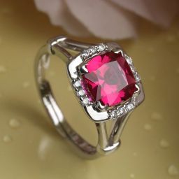 Blood Red Cushion Adjustable Ring Sterling Silver Cubic Zirconia Rhodium Plated Ring-image-13