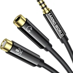 SANNO WORLD Black Gold Plated 3.5mm Stereo Jack 1 Male to 2 Female with Mic & Audio Headphone Phone Converter-12