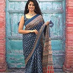 kiaaron Handicrafts Women's Ikat Hand Block Print Jaipuri Cotton Mulmul Saree with Blouse Piece image 2