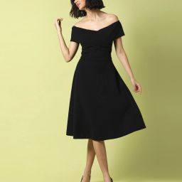 Women Fit and Flare Black Midi/Calf Length Dress-image-2