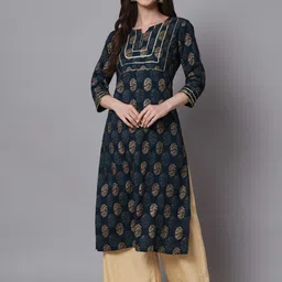 RANGMAYEE Ethnic Motifs Printed Mirror Work Liva Notched Neck Layered A-Line Kurta-picture-20