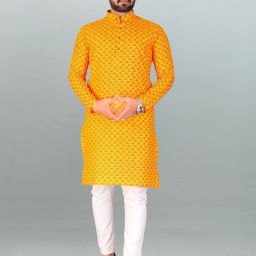 Men Printed, Self Design Cotton Blend, Polyester Straight Kurta-image-92