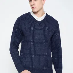 Men Checkered V Neck Blue Sweater-image-46