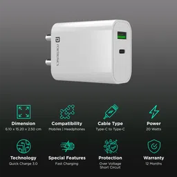 Portronics Adapto 44 20W Type A & Type C 2-Port Fast Charger (Type C to Type C Cable, Multiple Protection, White) image 2