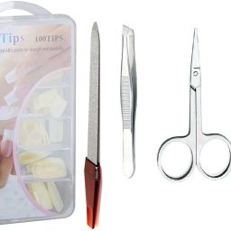 100 Pcs Reusable Acrylic False Nails With Nail Glue 3 PCS Nail Filer with Stainless Steel Scissor and Tweezers Combo Set for Girls and Women Professional Nails Art Tools Set-10