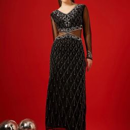 Women Fit and Flare Black, Grey Maxi/Full Length Dress-image-72