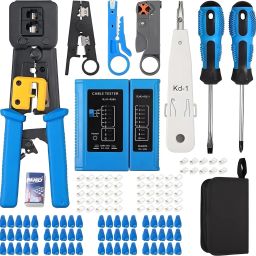 Crimping Tool, RJ45 Wire Cutter, Tool Kit, 50PCS RJ45 Cat6 Passthrough Connector 50PCS Covers, Network Cable Tester, Wire Punch Down Cutter, Battery, Tool kit Manual Crimper-image-19