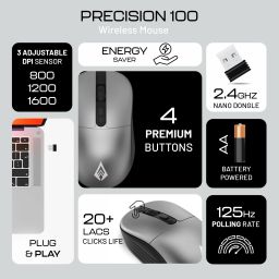 Archer Tech Lab Precision 100 Wireless Mouse Plug & Play, ergonomic, 3 DPI, 10M range Wireless Optical Gaming Mouse image 2