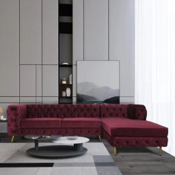 casacraft from pepperfry Ivanka Velvet LHS Sectional Sofa (3+ Lounger) in Wine Red Colour-picture-20