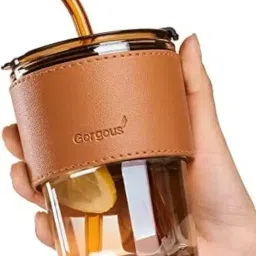 Glass Tumbler with Straw and Lid,Leather Protective Glass Coffee Mug (400 ml) Glass Water/Juice Glass-image-18