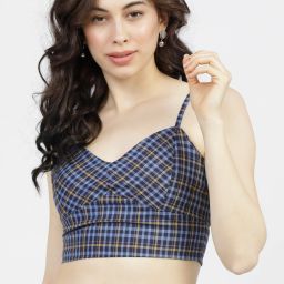 Casual Noodle Straps Checkered Women Blue Top-image-5