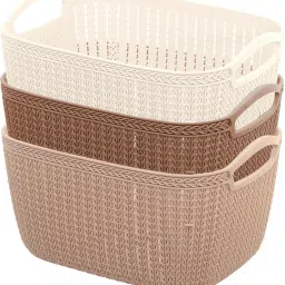 Plastic Unbreakable Plastic 3 Pieces Multipurpose Large Size Flexible Storage Baskets / Fruit Vegetable Bathroom Stationary Home Basket with Handles (Peach & Brown & Cream) -CTKTC37854 Storage Basket-53