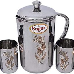 Platinum Collection Stainless Steel drinkware Set Combo of 1 Jug / Pitcher for Water Storage (2 LTR.) and 2 Pc. Glass , Mirror Finish with Permanent Beautiful Laser Design Jug Glass Set-picture-19