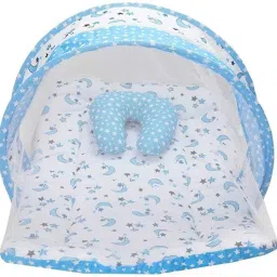 Polyester Infants Washable Buli Wear Super Soft , Cotton Baby Mattress with Net - Bedding Set (0-6 Months ,Blue Dot) Mosquito Net-image-30